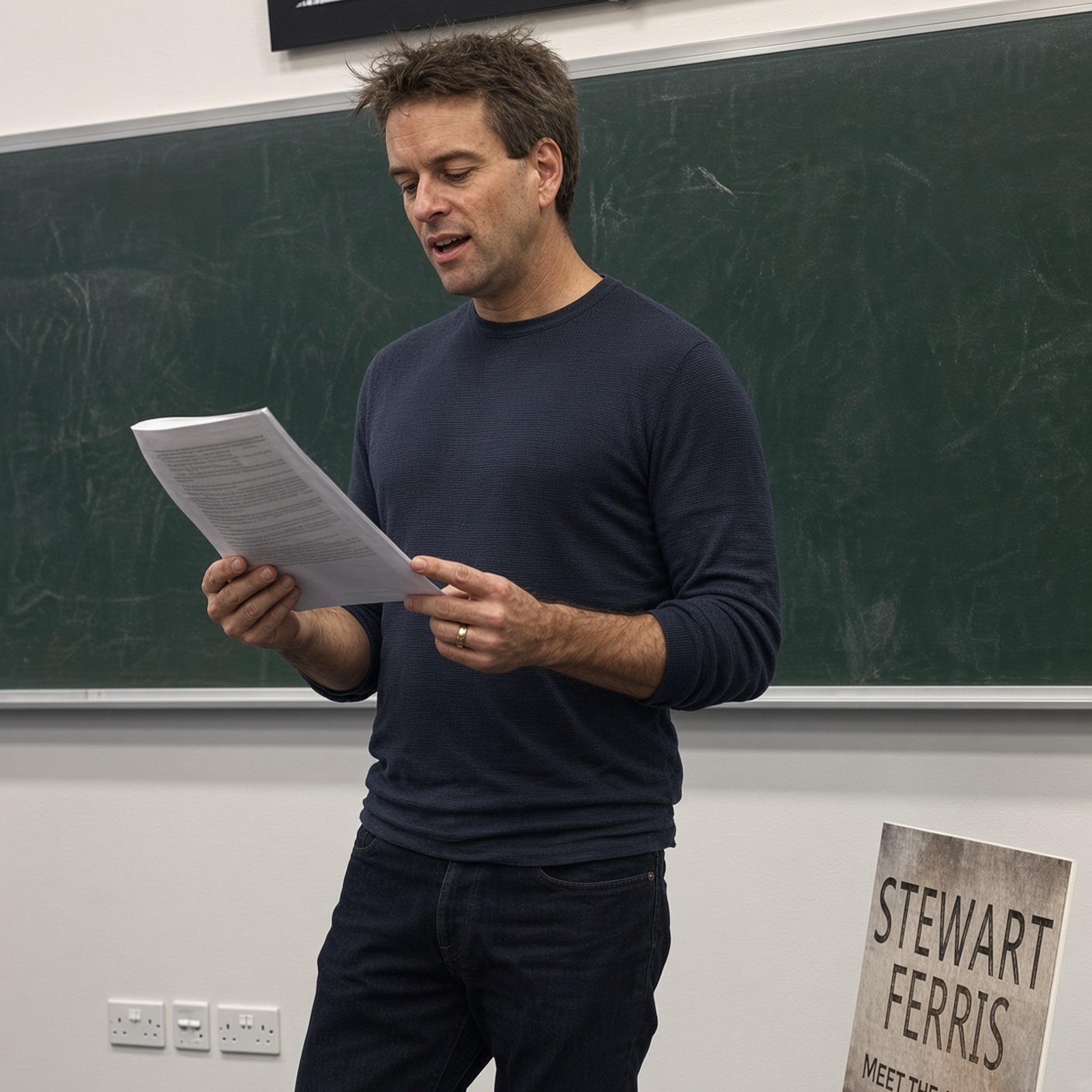 Stewart Ferris reading from a manuscript during a talk